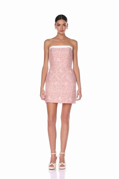 Pembe Çiçek Nakışlı Mini Abiye Elbise